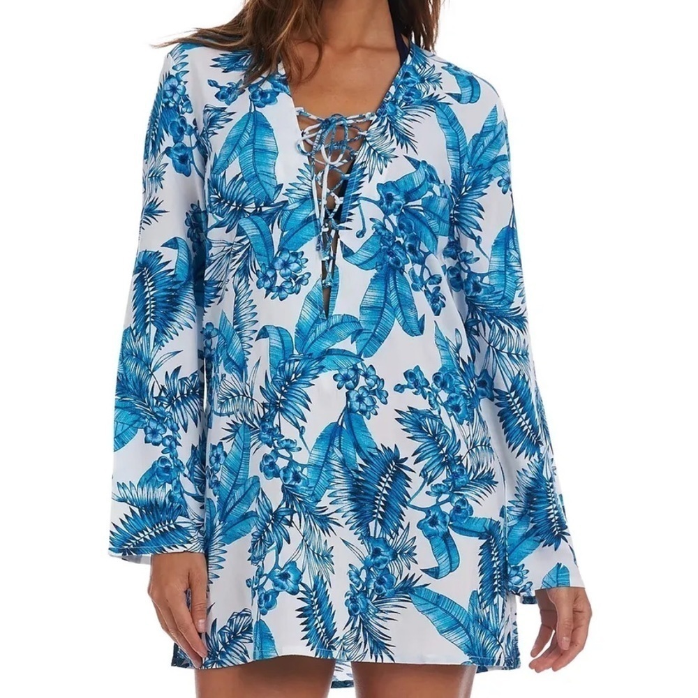 La Blanca Women's Lace Front Cover Up Tunic Dress Aqua Size XS MSRP $99